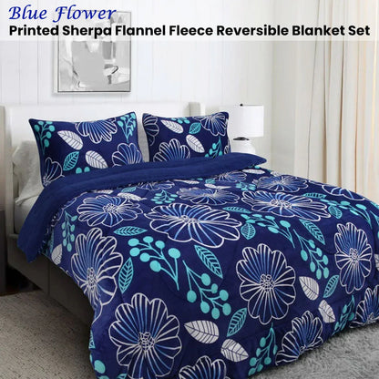 Ramesses Blue Flower Printed Sherpa Flannel Fleece Reversible Blanket Set Queen/King - Mekamart Australia