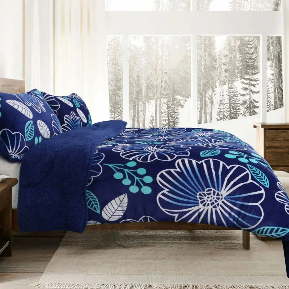 Ramesses Blue Flower Printed Sherpa Flannel Fleece Reversible Blanket Set Queen/King - Mekamart Australia