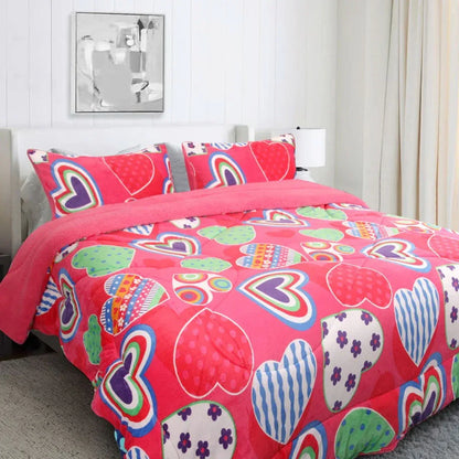 Ramesses Pink Heart Printed Sherpa Flannel Fleece Reversible Blanket Set Single/Double - Mekamart Australia