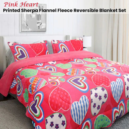 Ramesses Pink Heart Printed Sherpa Flannel Fleece Reversible Blanket Set Single/Double - Mekamart Australia