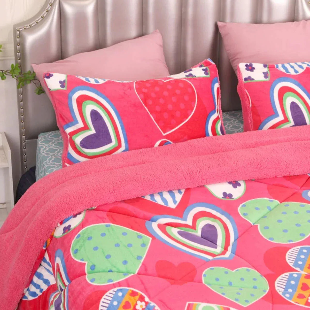 Ramesses Pink Heart Printed Sherpa Flannel Fleece Reversible Blanket Set Single/Double - Mekamart Australia