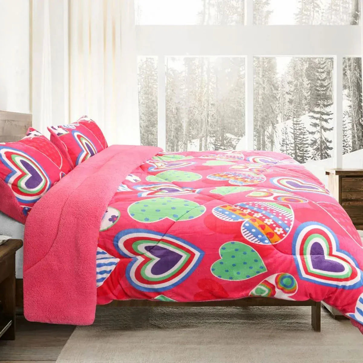 Ramesses Pink Heart Printed Sherpa Flannel Fleece Reversible Blanket Set Single/Double - Mekamart Australia