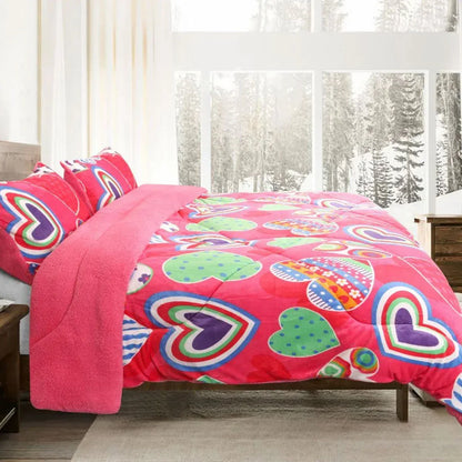 Ramesses Pink Heart Printed Sherpa Flannel Fleece Reversible Blanket Set Single/Double - Mekamart Australia