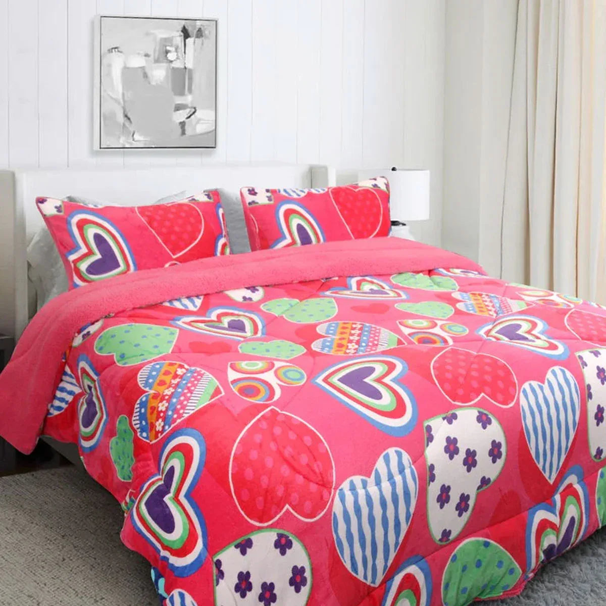 Ramesses Pink Heart Printed Sherpa Flannel Fleece Reversible Blanket Set Queen/King - Mekamart Australia