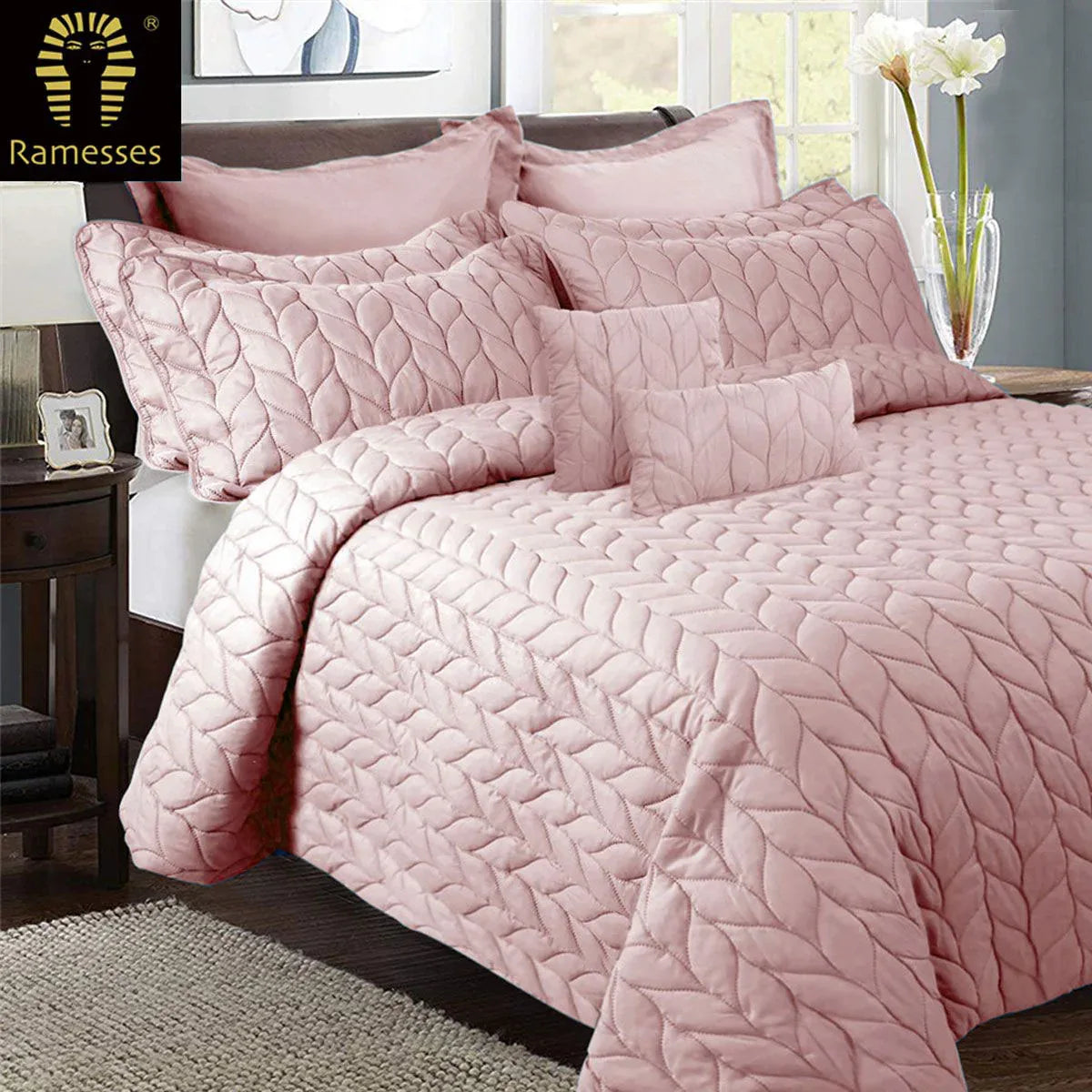 Ramesses 9 Piece Ultrasonic Comforter Set King Rose Pink - Mekamart Australia