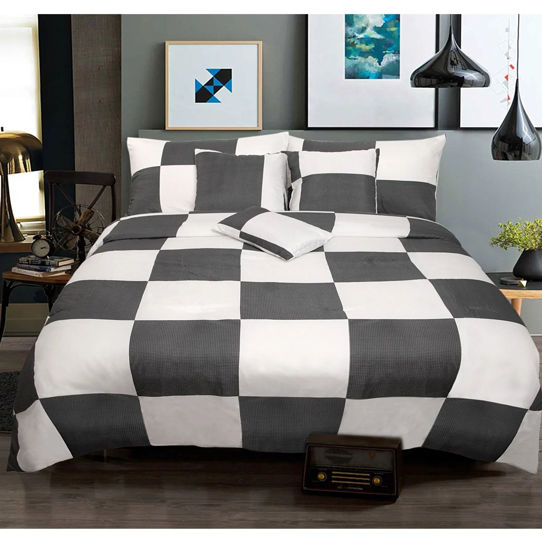 6 Piece Comforter Set Check Charcoal Queen by Shangri La - Mekamart Australia
