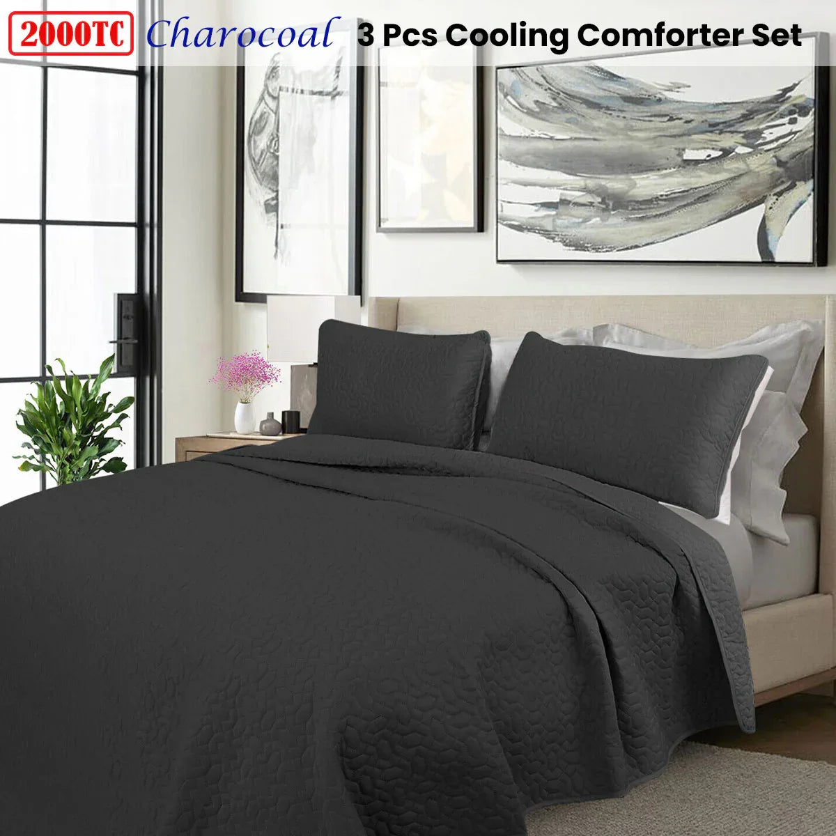 Shangri La 2000TC Charcoal Cooling Embroidered 3 Pcs Comforter Set King - Mekamart Australia