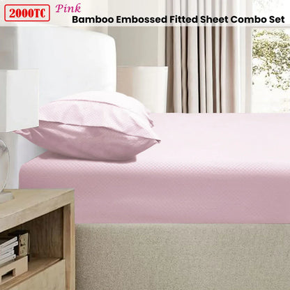 Ramesses 2000TC Bamboo Embossed Fitted Sheet Combo Set Pink Queen - Mekamart Australia