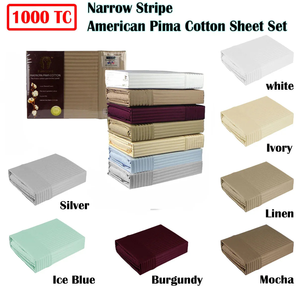 Ramesses 1000TC American Pima Cotton Narrow Stripe Sheet Set Ice Blue King - Mekamart Australia
