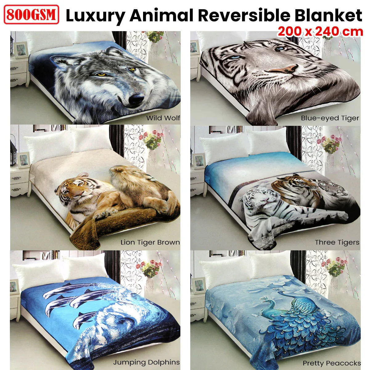 800GSM Luxury Reversible Animal Pattern Mink Blanket Queen 200 x 240 cm Lion Tiger Brown - Mekamart Australia