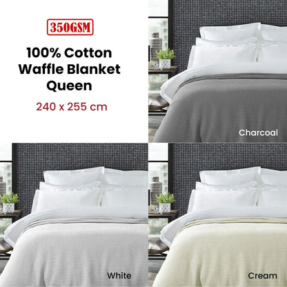 Living @ Home 350gsm 100% Cotton Breathable Waffle Blanket Queen 240 x 255 cm Charcoal - Mekamart Australia