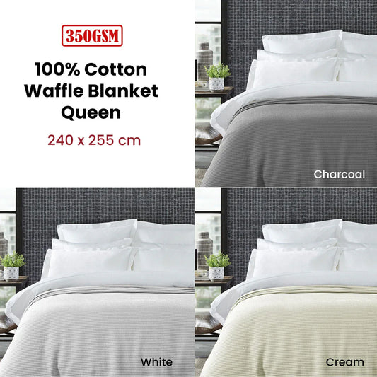 Living @ Home 350gsm 100% Cotton Breathable Waffle Blanket Queen 240 x 255 cm Charcoal - Mekamart Australia