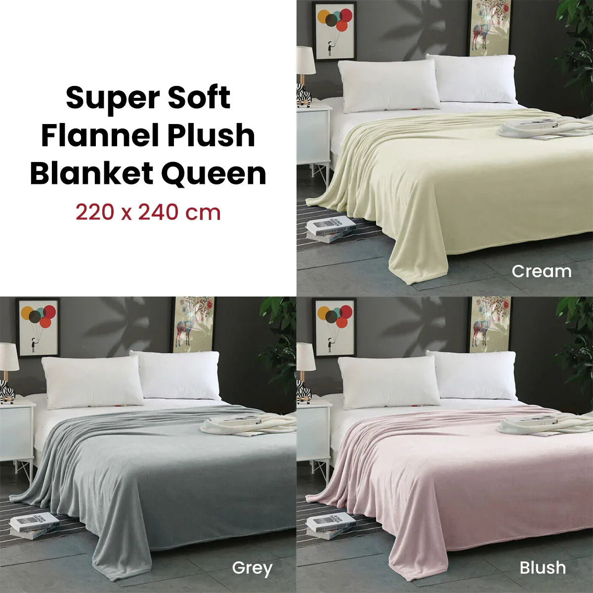 Super Soft Micro Flannel Plush Blanket Queen 220 x 240cm Grey - Mekamart Australia