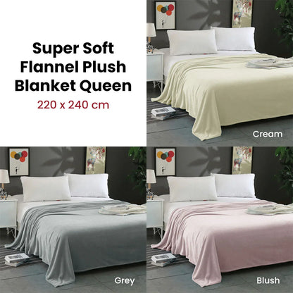 Super Soft Micro Flannel Plush Blanket Queen 220 x 240cm Grey - Mekamart Australia