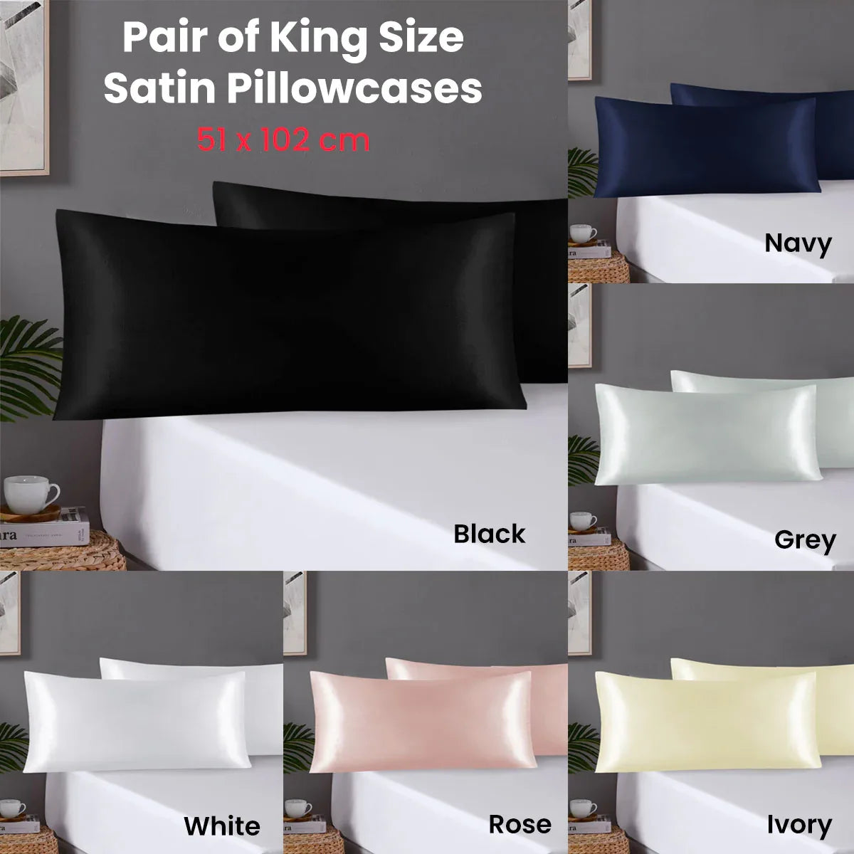 Pair of King Satin Silk Pillowcases with Envelope Closure 51 x 102 cm Grey - Mekamart Australia