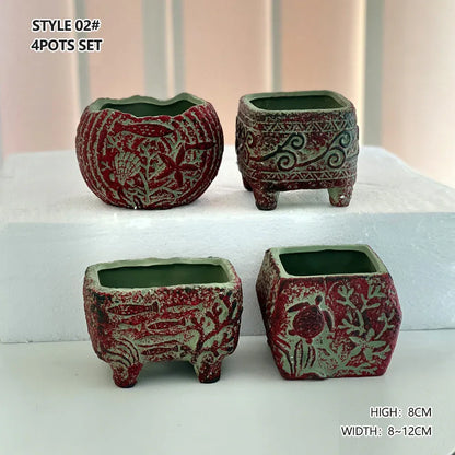 4/5/6 Pots Set Ceramic Clay Pottery Pots Succulent Flower Planter Draining Hole(Style 02# 4 Pots Set) - Mekamart Australia
