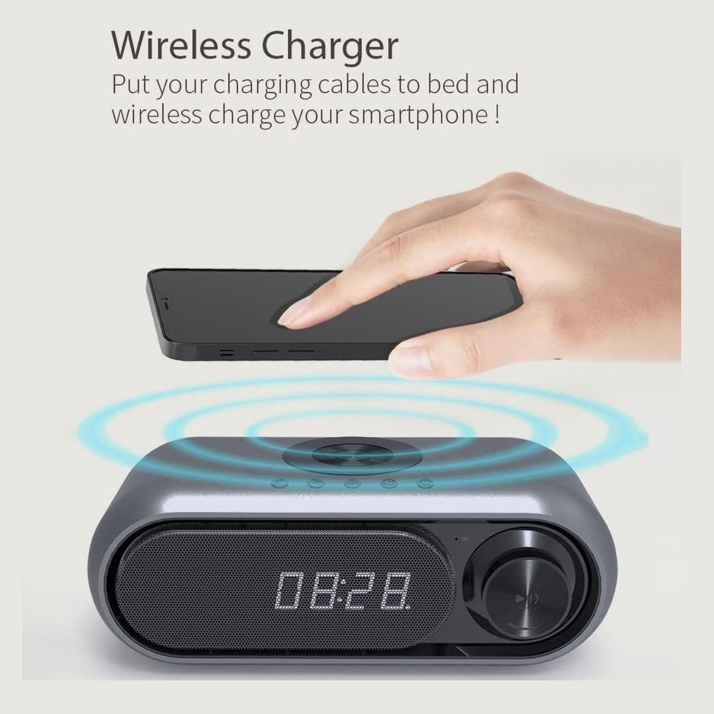 Bluetooth Speaker with 15W Wireless Charger Digital Alarm Clocks FM Radio Music Player (Grey)
