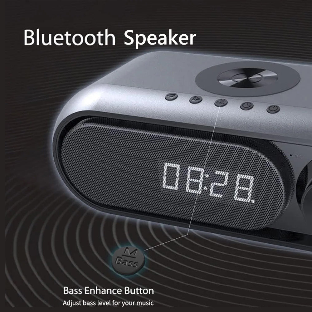 Bluetooth Speaker with 15W Wireless Charger Digital Alarm Clocks FM Radio Music Player (White)