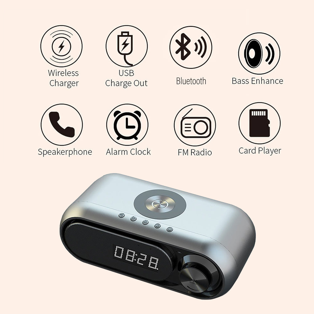 Bluetooth Speaker with 15W Wireless Charger Digital Alarm Clocks FM Radio Music Player (White)