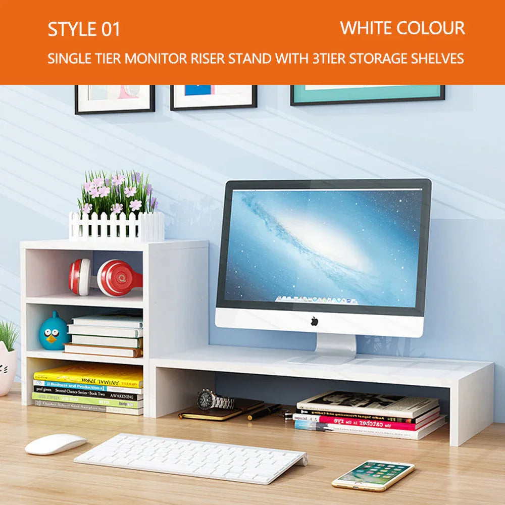 Wooden Desk Monitor Riser Stand With 3Tier Storage Shelves Desktop Bookshelf(Walnut Wood(Style 01)) - Mekamart Australia