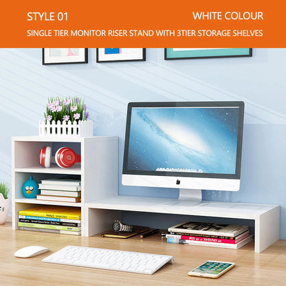 Wooden Desk Monitor Riser Stand With 3Tier Storage Shelves Desktop Bookshelf(Walnut Wood(Style 01)) - Mekamart Australia