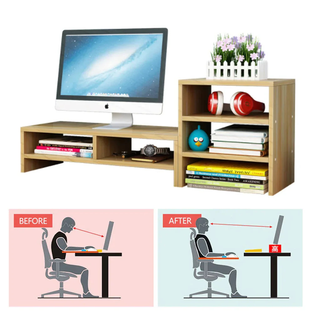 Wooden Desk Monitor Riser Stand With 3Tier Storage Shelves Desktop Bookshelf(Walnut Wood(Style 02)) - Mekamart Australia