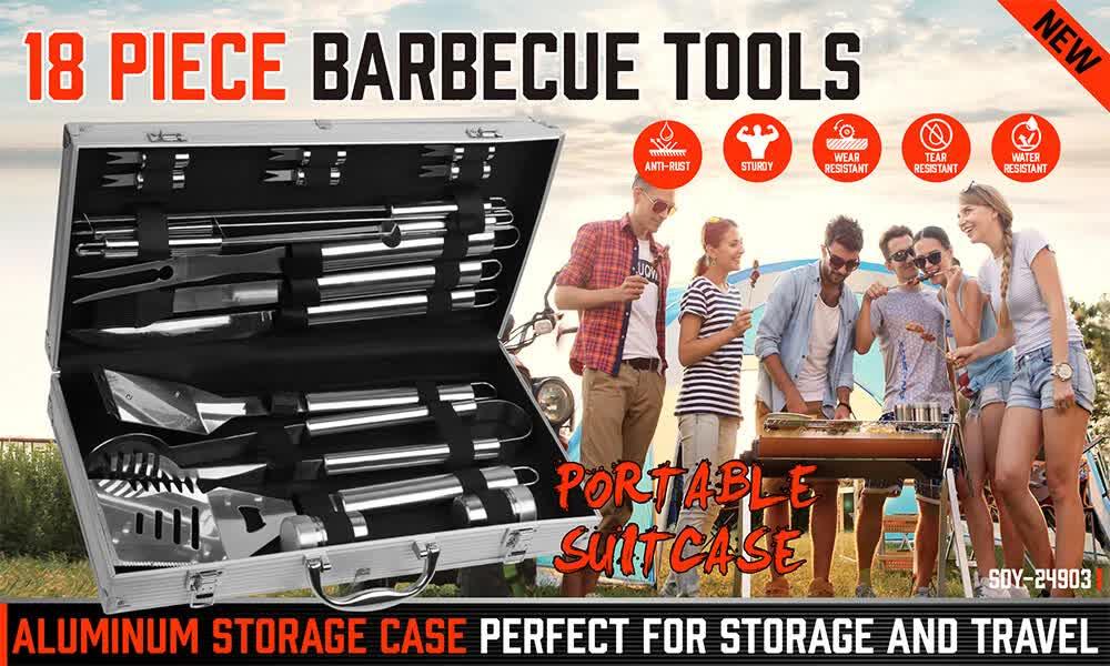 18Pcs BBQ Tool Set Stainless Steel Barbecue Utensil Cooking Grill Outdoor Cook - Mekamart Australia