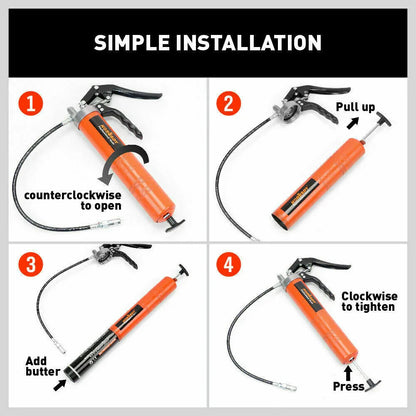 18'' Manual Pistol Grip Grease Gun Flow Pressure 4500PSI Flexi Hose & Coupler - Mekamart Australia