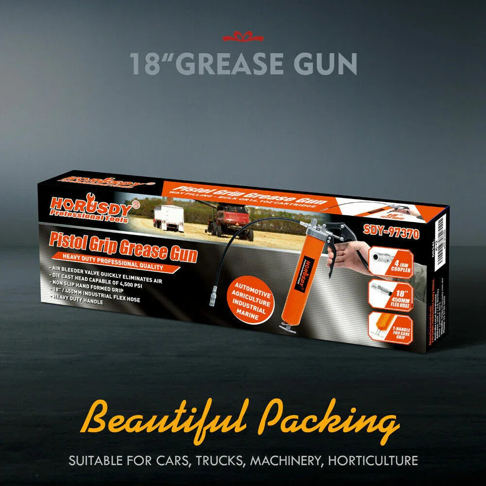 18'' Manual Pistol Grip Grease Gun Flow Pressure 4500PSI Flexi Hose & Coupler - Mekamart Australia