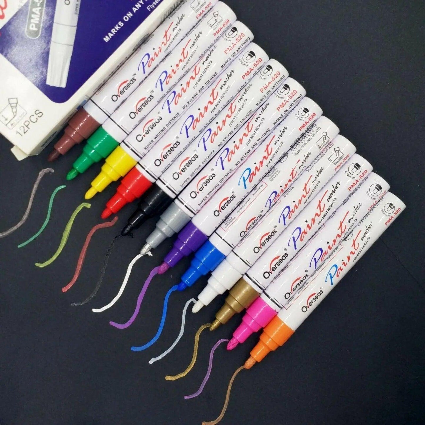 Multicolour Permanent Paint Marker Pens for Tyre Metal Glass Rubber - 12-Colour Set