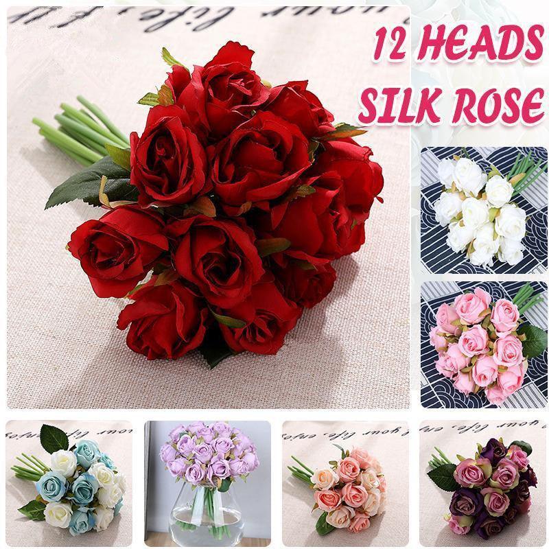 12 Heads Silk Rose Artificial Flowers Fake Bouquet - modena - Mekamart Australia
