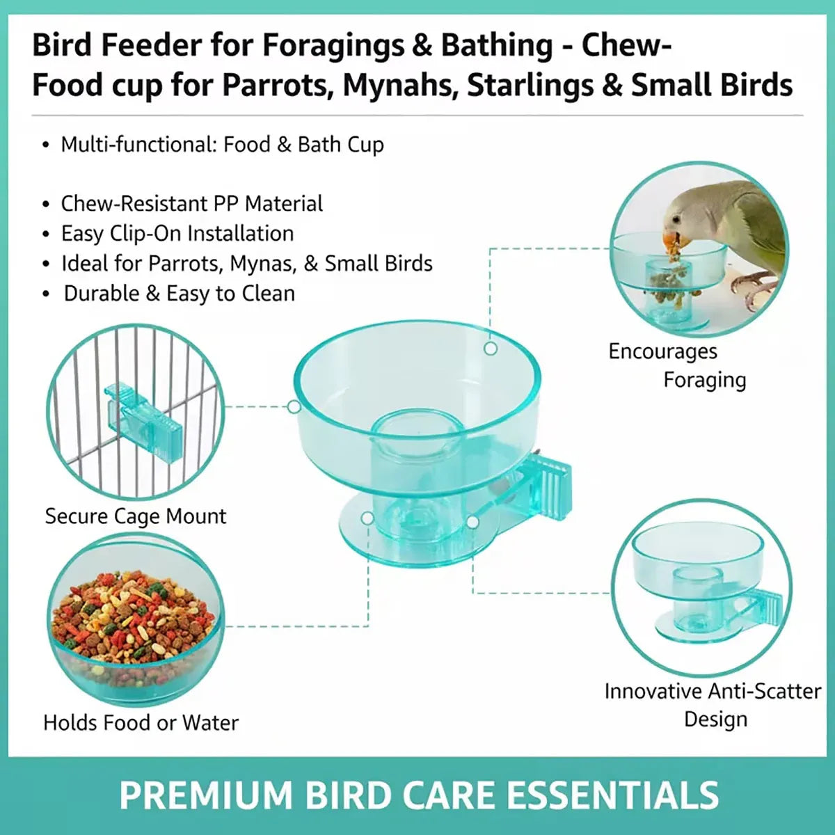 Bird Cage Bath Feeder Bowl Removable PP Plastic Quick Lock Parrot Cockatiel