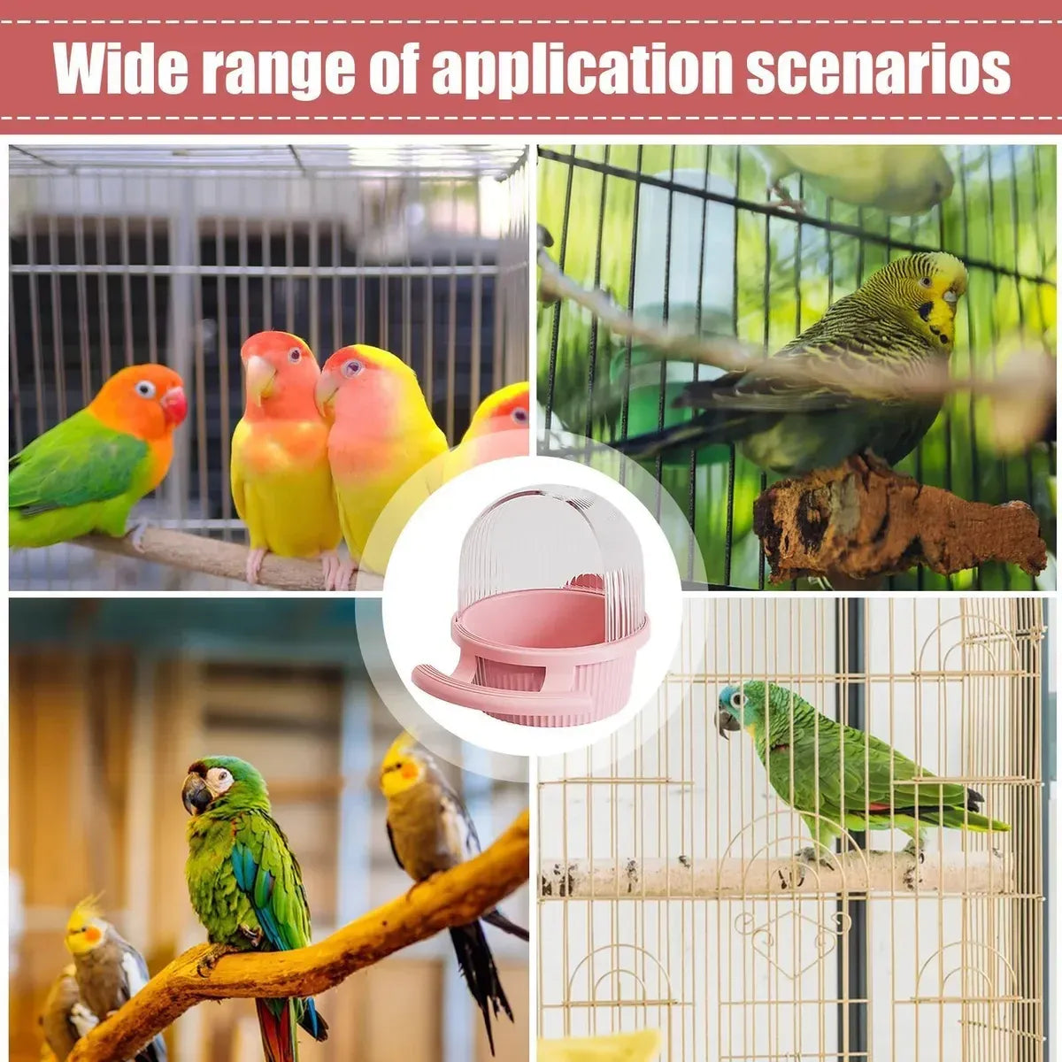 Bird Feeder Set Food Jars Cups Parrot Food Boxes Water Dispenser Troughs Cage - Pink