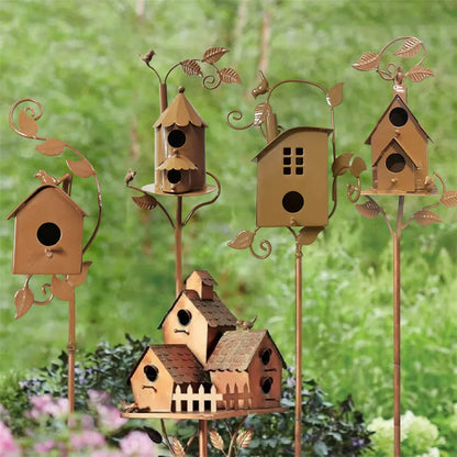 Birdhouse Garden Stakes Outdoor Yard Ornaments for Lawn and Garden Decoration - A