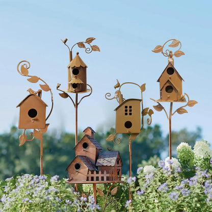 Birdhouse Garden Stakes Outdoor Yard Ornaments for Lawn and Garden Decoration - A