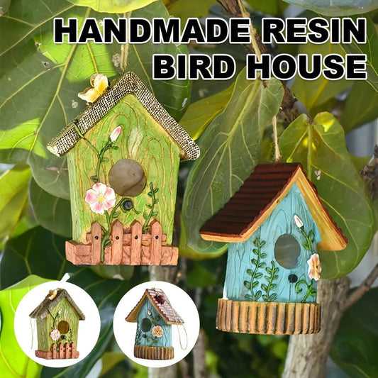 Handmade Birdhouse Resin Cute Patio Garden Hanging Nest Decoration for Outdoors - Blue