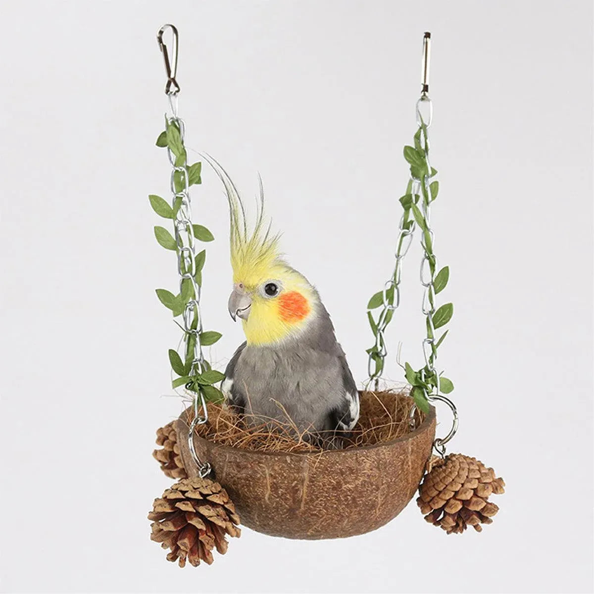 Coconut Birdhouse Swing Hammock Toy for Birds Natural Wooden Nest for Parrots