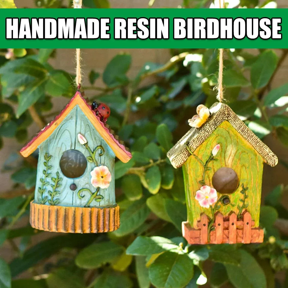 Handmade Birdhouse Resin Cute Patio Garden Hanging Nest Decoration for Outdoors - Green