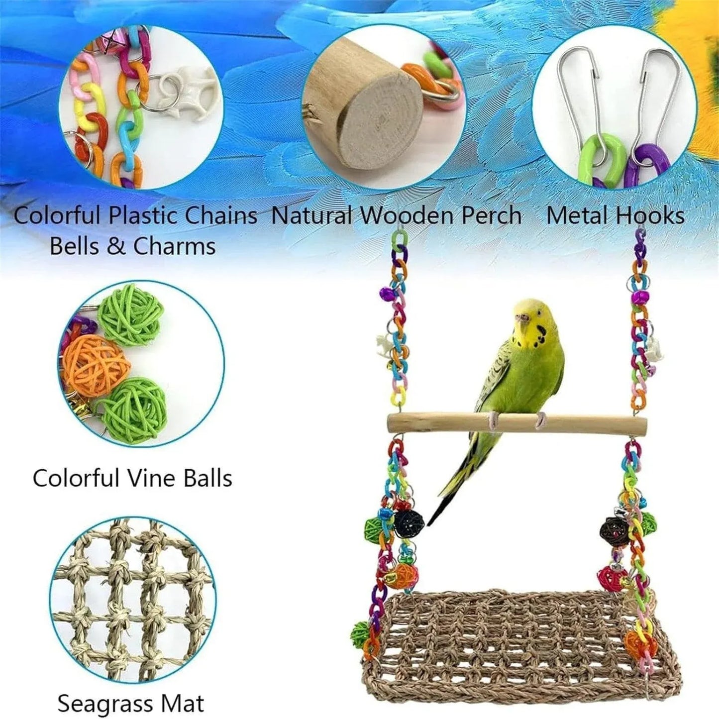 Parrot Hammock Swing Toy with Colourful Chain Double Swing Bird Cage Play
