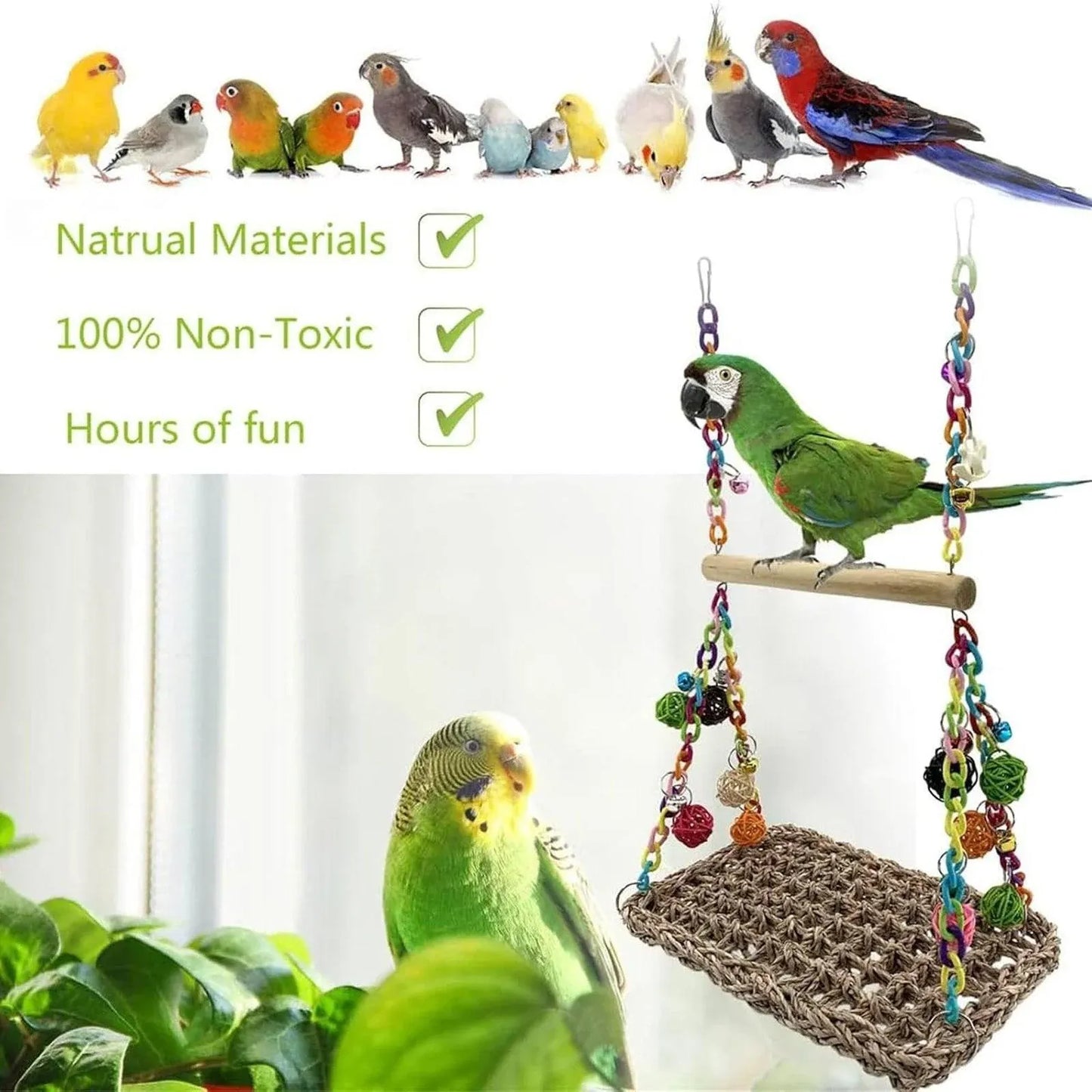 Parrot Hammock Swing Toy with Colourful Chain Double Swing Bird Cage Play