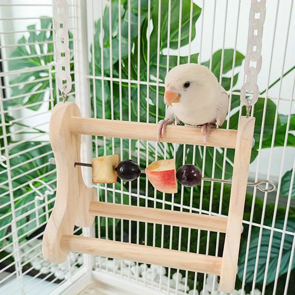 Parrot Foraging Toy Wooden Hanging Fruit Fork Stand Bird Cage Accessory Chew Toy