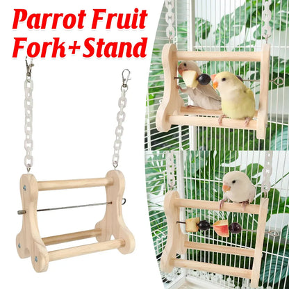 Parrot Foraging Toy Wooden Hanging Fruit Fork Stand Bird Cage Accessory Chew Toy