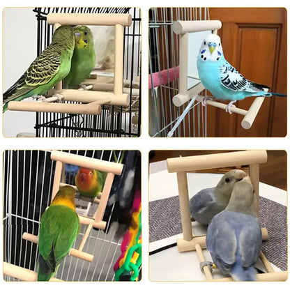 Birds Mirror With Perch Toy Stand Bird Toy for Parrot Parakeets Cockatiels Cage