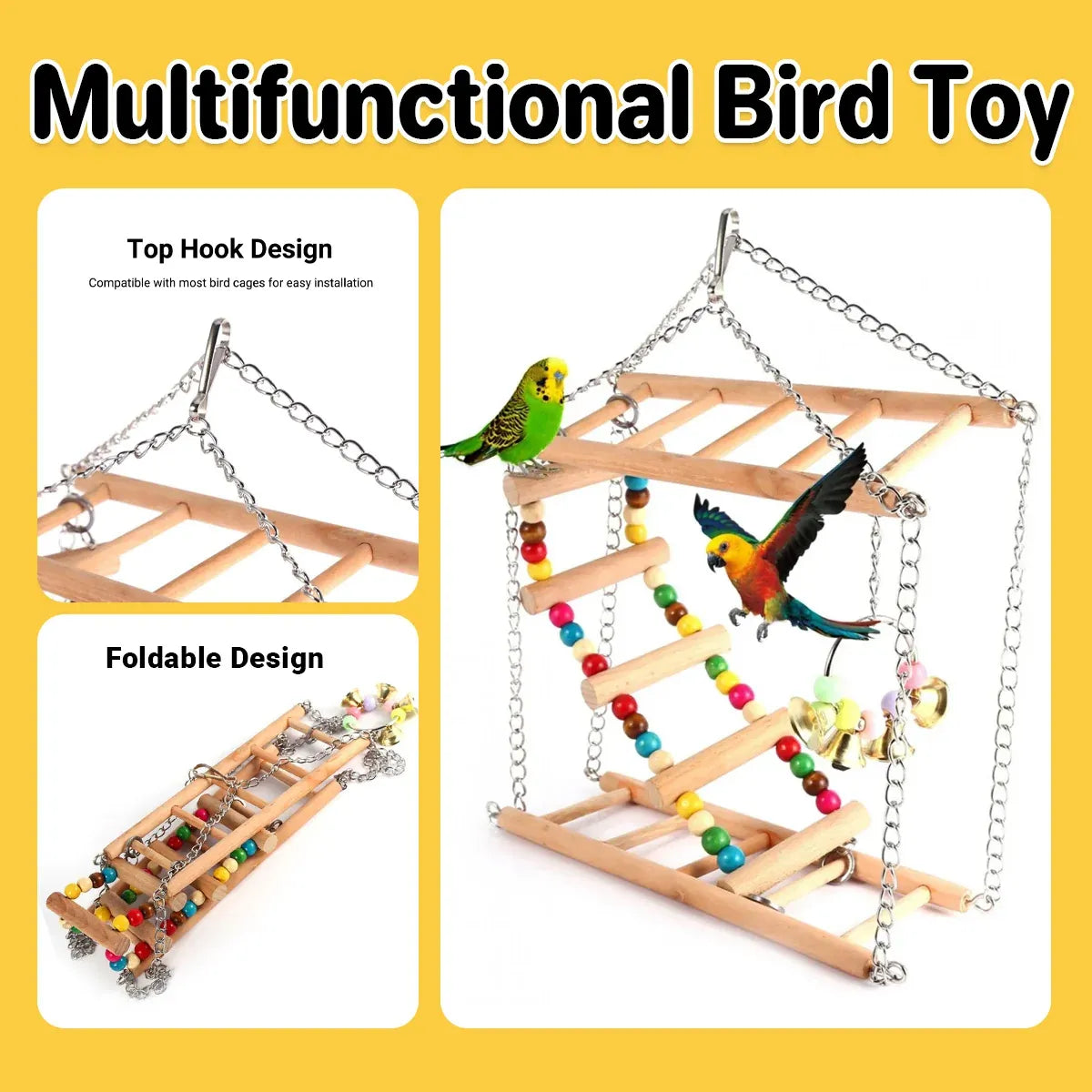 Bird Ladder Swing Toy Double Layer Wooden Ring Bell for Parrots