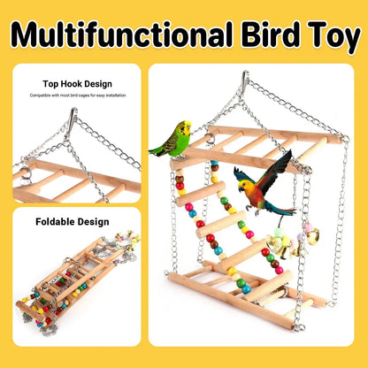 Bird Ladder Swing Toy Double Layer Wooden Ring Bell for Parrots