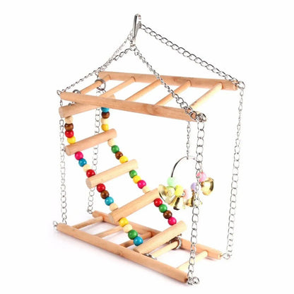 Bird Ladder Swing Toy Double Layer Wooden Ring Bell for Parrots