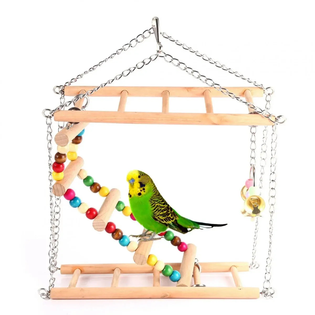 Bird Ladder Swing Toy Double Layer Wooden Ring Bell for Parrots
