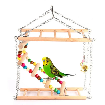 Bird Ladder Swing Toy Double Layer Wooden Ring Bell for Parrots