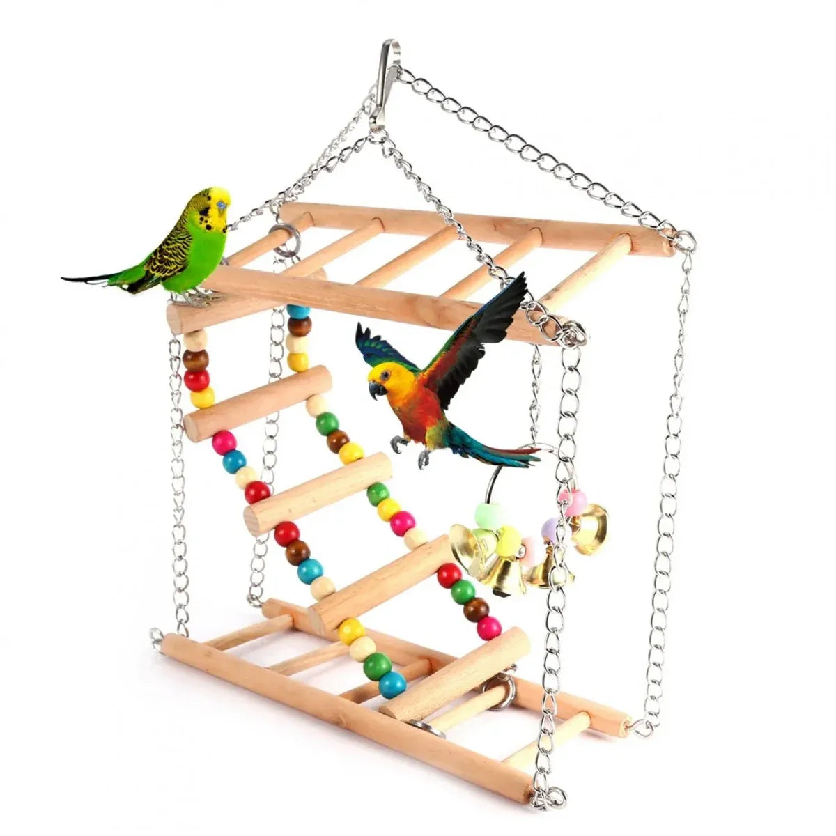 Bird Ladder Swing Toy Double Layer Wooden Ring Bell for Parrots