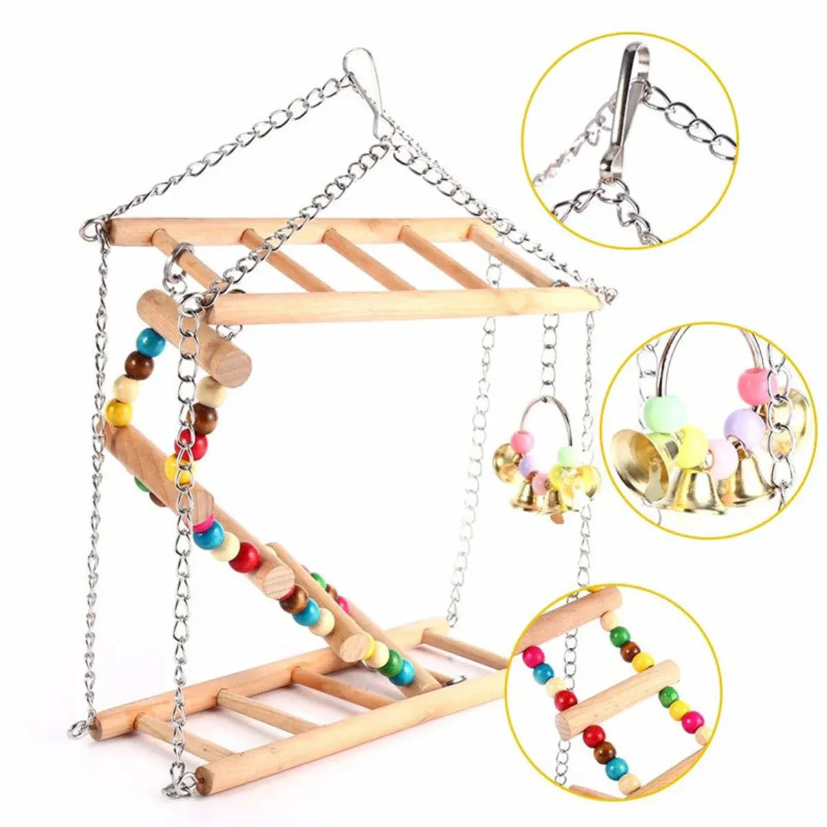 Bird Ladder Swing Toy Double Layer Wooden Ring Bell for Parrots